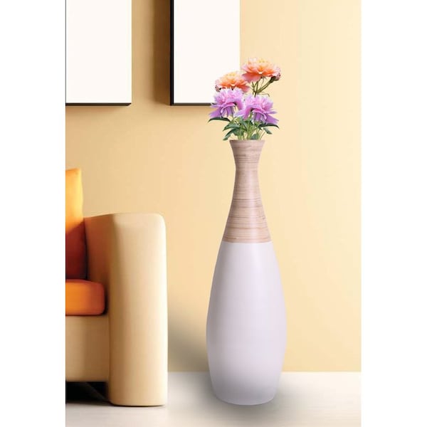 31.5 Spun Bamboo Tall Trumpet Floor Vase, White And Natural